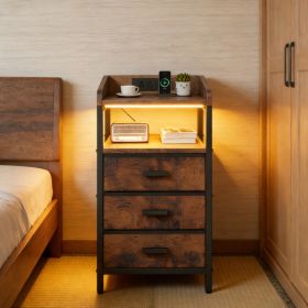 2pcs Nightstand Vintage Bed Side Table With 2 USB Ports 2 Outlets 3 Fabric Drawers Remote Control Light Strips For Home Bedroom (Option: Default)